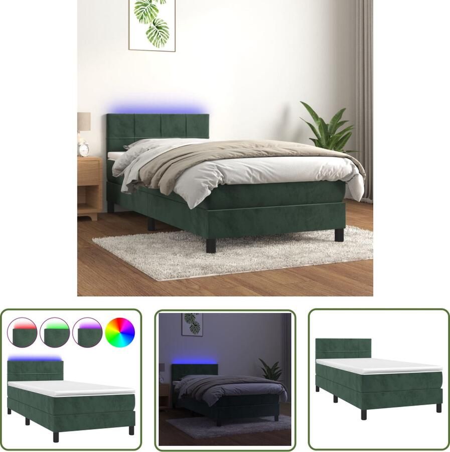 The Living Store Boxspring Fluweel LED Pocketvering Topmatras Donkergroen 203 x 80 x 78 88 cm Boxspring Led Boxspring Velvet Boxspring Donkere Groene Boxspring Tweepersoons Boxspring
