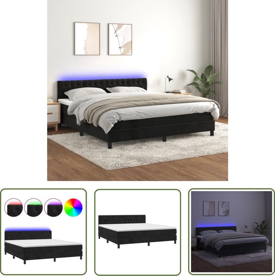 The Living Store Boxspring met matras en LED fluweel zwart 180x200 cm Boxspring Led Boxspring Velvet Boxspring Tweepersoons Boxspring Hoofdboard