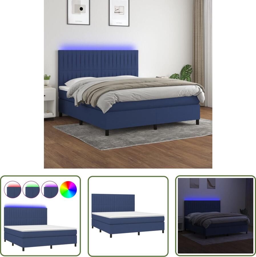 The Living Store Boxspring met matras en LED stof blauw 160x200 cm Boxspring Led Boxspring Met Led Blauwe Boxspring Pocketveer Matras
