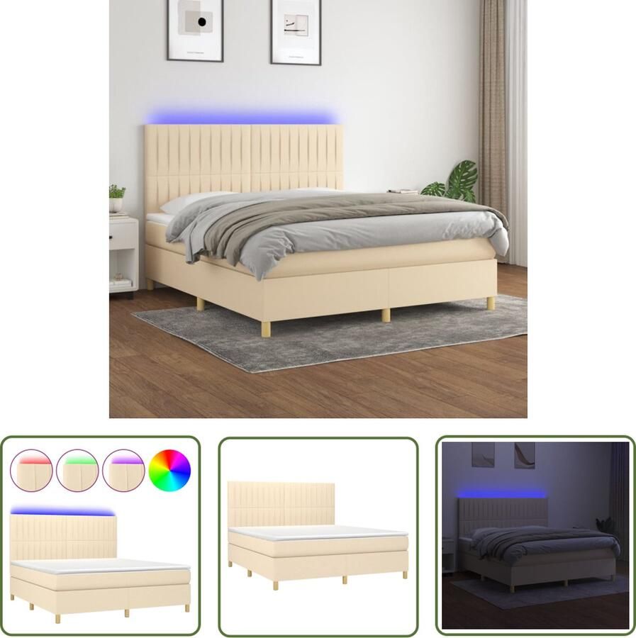 The Living Store Boxspring LED Pocketvering Huidvriendelijk 160x200 Crème+wit Boxspring Led Boxspring Pocketed Spring Mattress Creme Boxspring Slaapcomfort