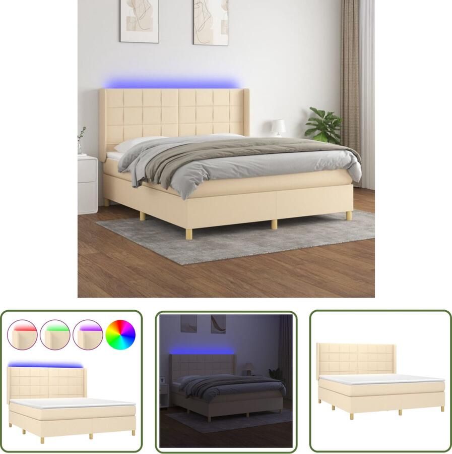 The Living Store Boxspring LED pocketvering huidvriendelijk 203 x 183 x 118 128cm crème Boxspring Led Boxspring Creme Boxspring Pocketveer Matras Boxspring Frame