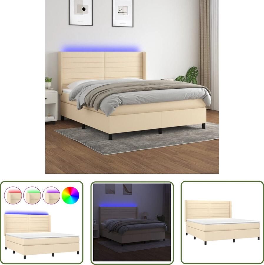 The Living Store Boxspring met matras en LED stof crèmekleurig 180x200 cm Boxspring Led Boxspring Creme Boxspring Tweepersoons Bed Pocketed Veren Matras