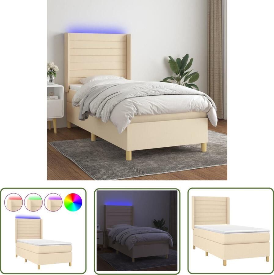 The Living Store Boxspring LED Pocketvering Huidvriendelijk 203x83x118 128cm Crème Wit Boxspring Led Boxspring Creme Boxspring Slaapcomfort Pocketed Veren