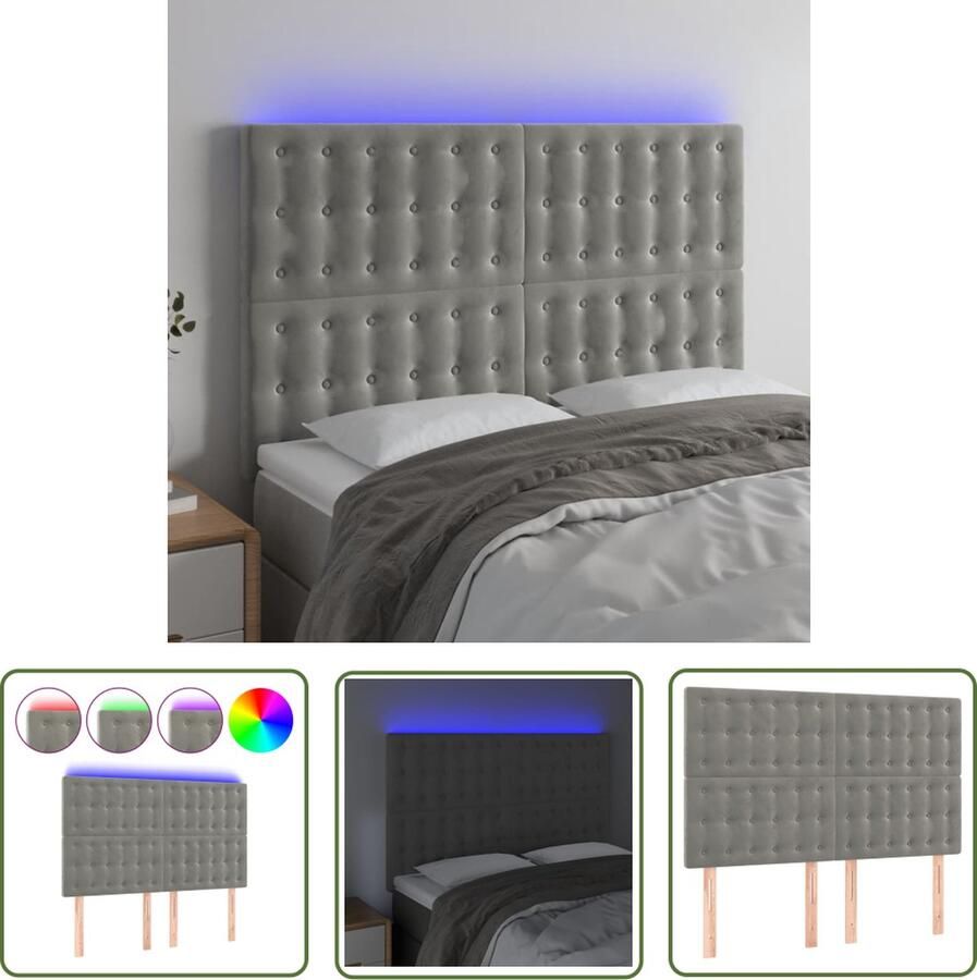 The Living Store Hoofdbord LED 144x5x118 128 cm fluweel lichtgrijs Hoofd Bord Led Headboard Velvet Headboard Grijs Headboard Slaapkamers Decoratie