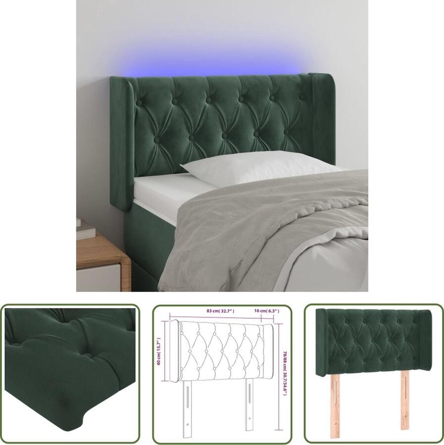 The Living Store Hoofdbord LED 83x16x78 88 cm fluweel donkergroen Hoofdboard Led Headboard Velvet Headboard Slaapkamersdecoratie Bedroom Decor