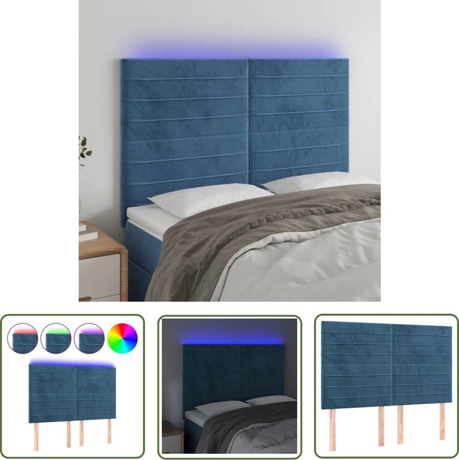 The Living Store Hoofdeind LED Fluwelen stof Verstelbare hoogte Comfortabele ondersteuning Snijdbare LED-strip Donkerblauw 144x5x118 128cm Hoofd Bord Led Hoofdbord Velvet Hoofdbord Blauw Hoofdbord Beddecoratie