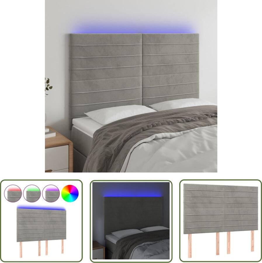 The Living Store Hoofdeind LED Verstelbaar Lichtgrijs 144x5x118 128cm Zacht fluweel Kleurrijke LED-verlichting Hoofd Bord Led Hoofdbord Grijs Velvet Hoofdbord Met Lampjes