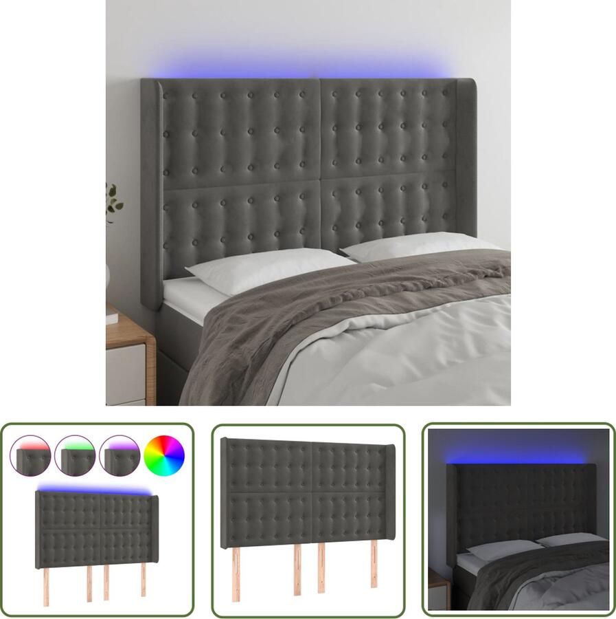 The Living Store Hoofdbord LED-hoofdbord Donkergrijs 147x16x118 128 cm Verstelbare hoogte Zacht fluweel Kleurrijke LED-verlichting Snijdbare LED-strip Montagehandleiding inbegrepen