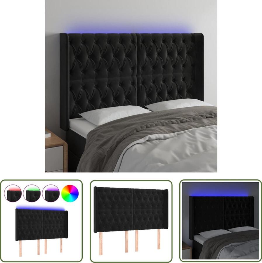 The Living Store Hoofdbord Zwart LED-verlichting Verstelbare Hoogte Comfortabele Ondersteuning Snijdbare LED-strip Hoofd Bord Led Hoofdbord Velvet Hoofdbord Zwarte Hoofdbord Beddecoratie