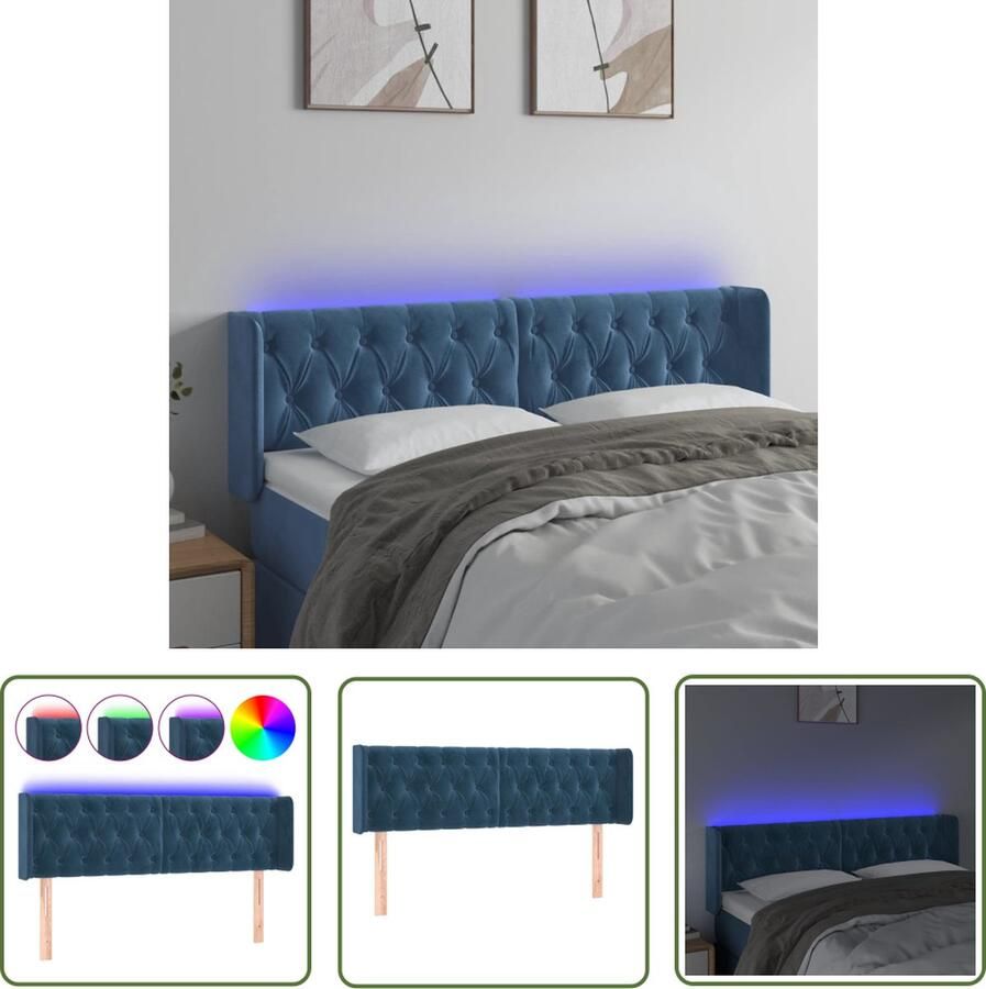 The Living Store Hoofdbord LED Zacht fluweel Verstelbare hoogte Comfortabele ondersteuning Snijdbare LED-strip Donkerblauw 147 x 16 x 78 88 cm 2 LED-strips