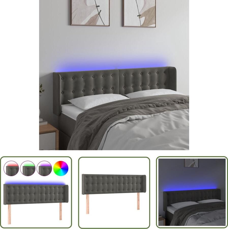 The Living Store Donkergrijs Fluweel Hoofdbord 147 x 16 x 78 88 cm Verstelbaar en LED Verlicht USB Aansluiting Hoofd Bord Led Hoofdbord Velvet Hoofdbord Grijs Hoofdbord Slaap Kamer Decoratie