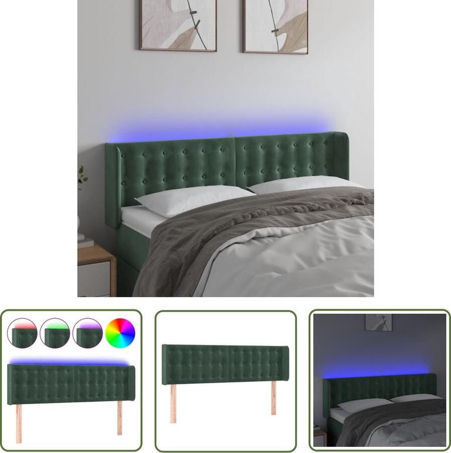 The Living Store Hoofdbord Donkergroen 147x16x78 88 cm Fluwelen stof Verstelbare hoogte LED-verlichting Snijdbare LED-strip Hoofd Bord Led Hoofdbord Velvet Hoofdbord Donkere Groen Hoofdbord Slaap Kamer Decoratie