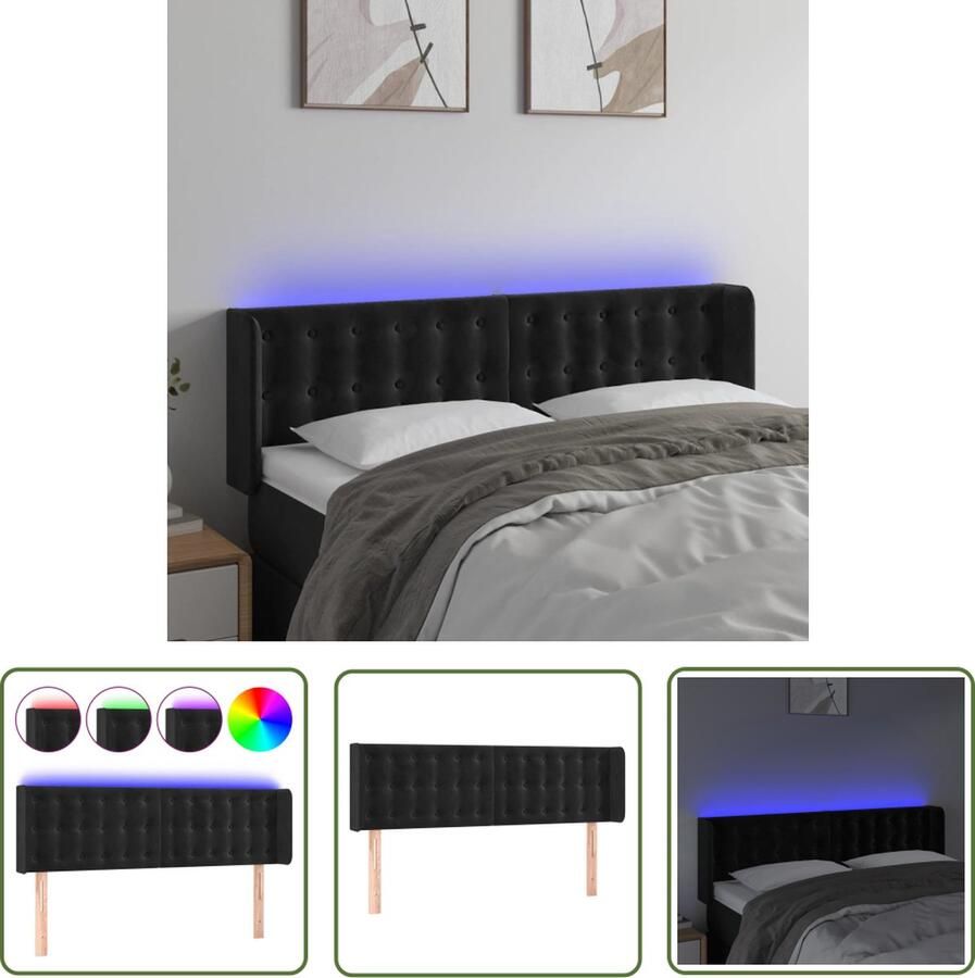 The Living Store Hoofdbord LED Verstelbaar Zwart 147x16x78 88 cm Zacht fluweel Kleurrijke LED-verlichting Hoofd Bord Led Hoofdbord Zwart Velvet Hoofdbord Adjustable Hoofdbord