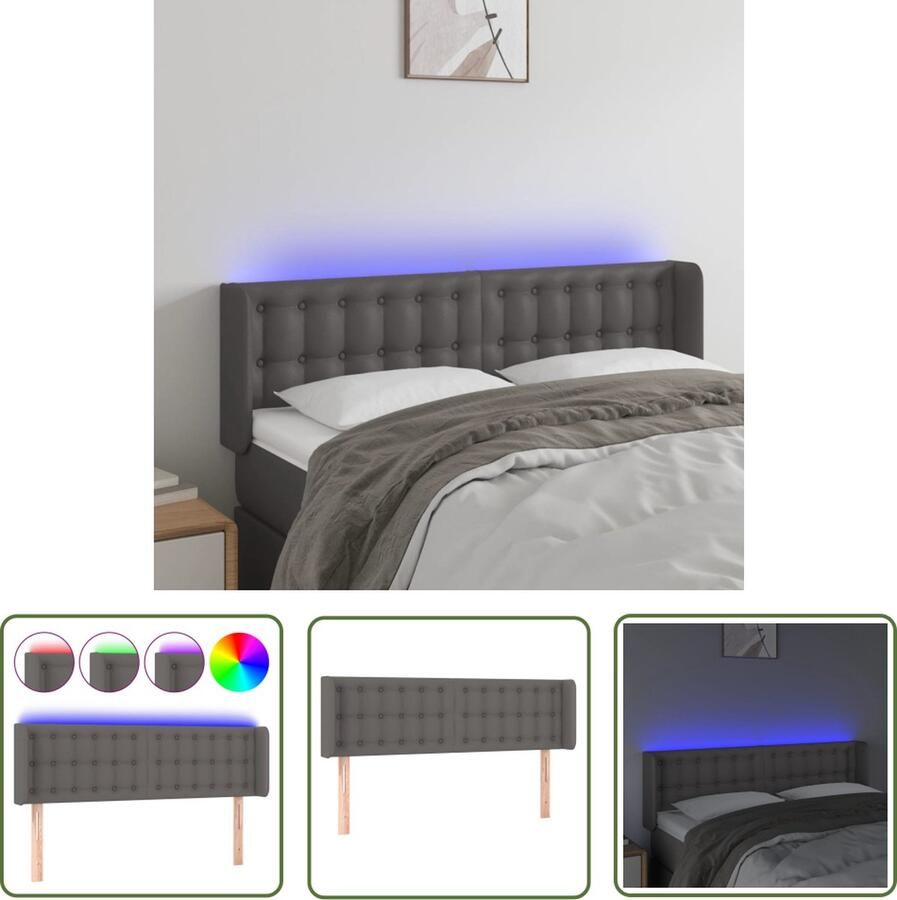 The Living Store Hoofdbord LED 147x16x78 88 cm kunstleer grijs Hoofd Bord Led Hoofdbord Bedhoofdbord Hoofdkussen Slaap Accessoires