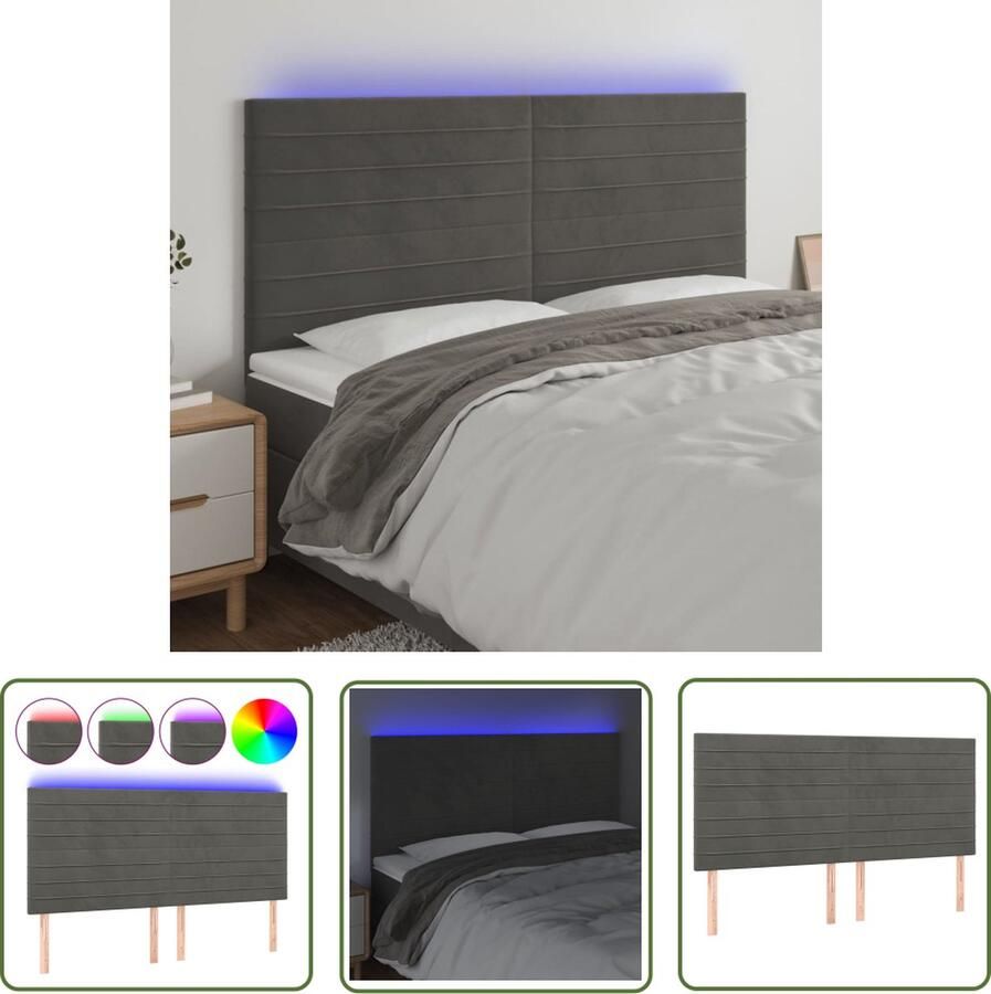 The Living Store Hoofdeind LED Donkergrijs 160x5x118 128cm Verstelbare hoogte Zacht fluweel Kleurrijke LED-verlichting Hoofd Bord Led Hoofdbord Grijs Fluweel Hoofdbord Met Led Verlichting