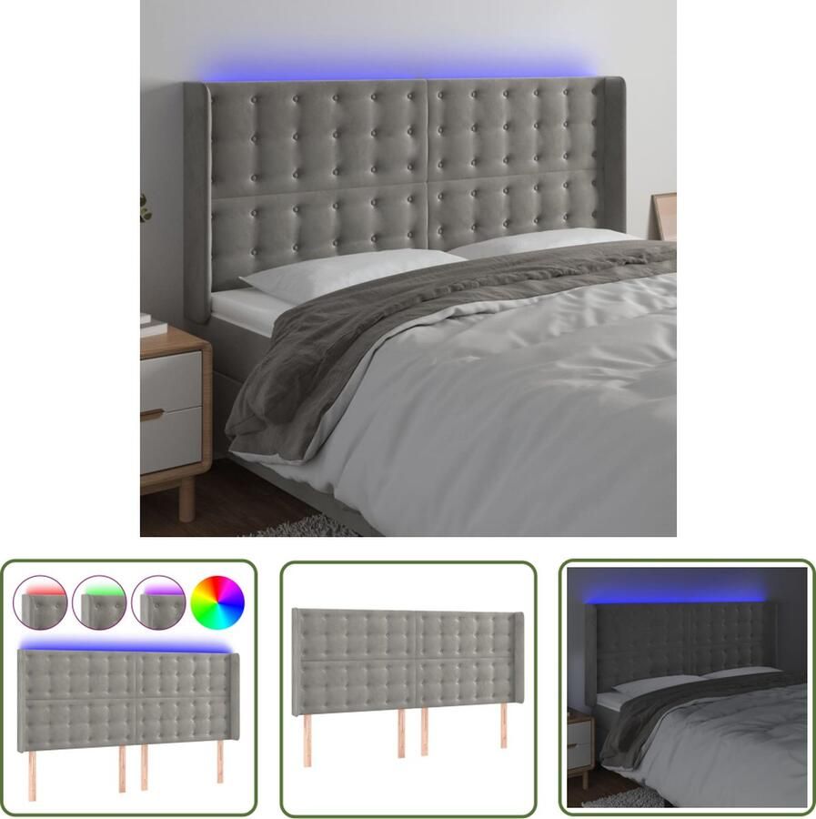 The Living Store Hoofdbord LED Lichtgrijs 163 x 16 x 118 128 cm Verstelbaar Comfortabele ondersteuning Snijdbare LED-strip Met schaarsymbool Met montagehandleiding USB-aansluiting
