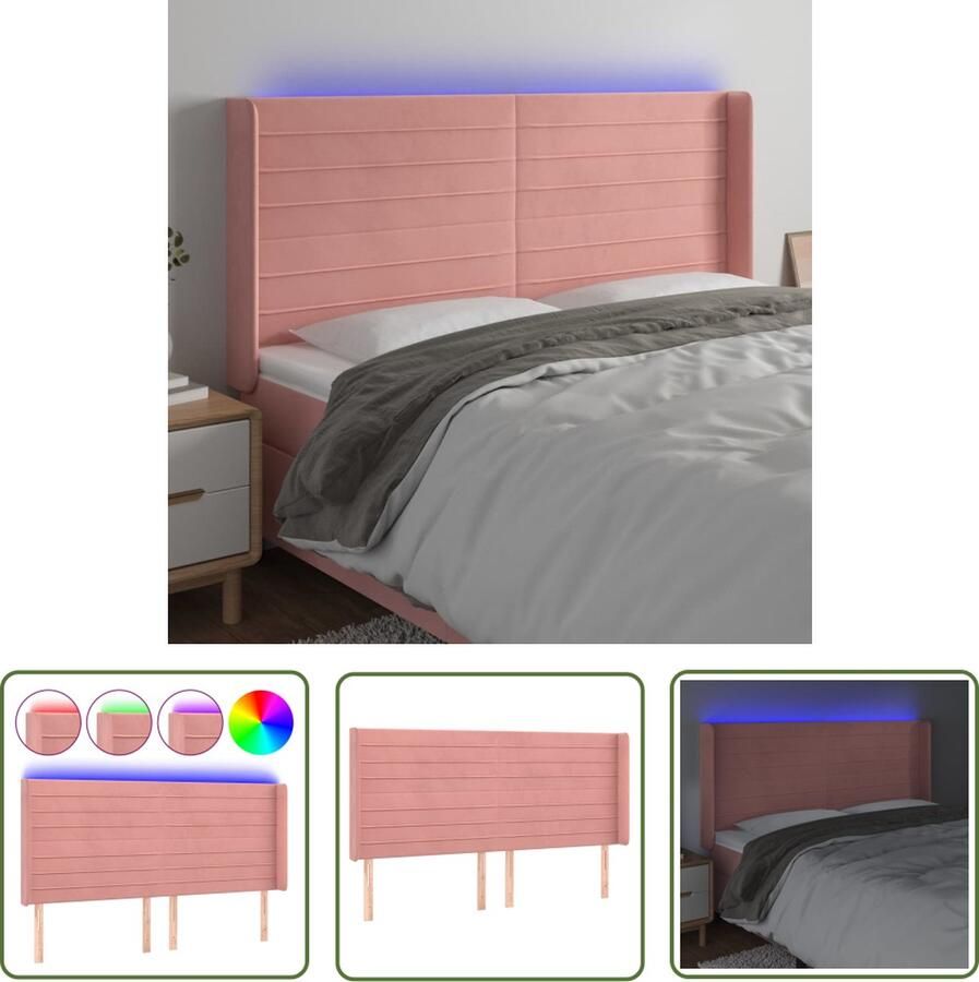 The Living Store Hoofdeinde Roze LED-hoofdbord 163x16x118 128cm Fluweel Verstelbaar Comfortabele ondersteuning Snijdbare LED-strip Met USB Hoofd Bord Led Hoofdbord Roze Velvet Hoofdbord Met Led
