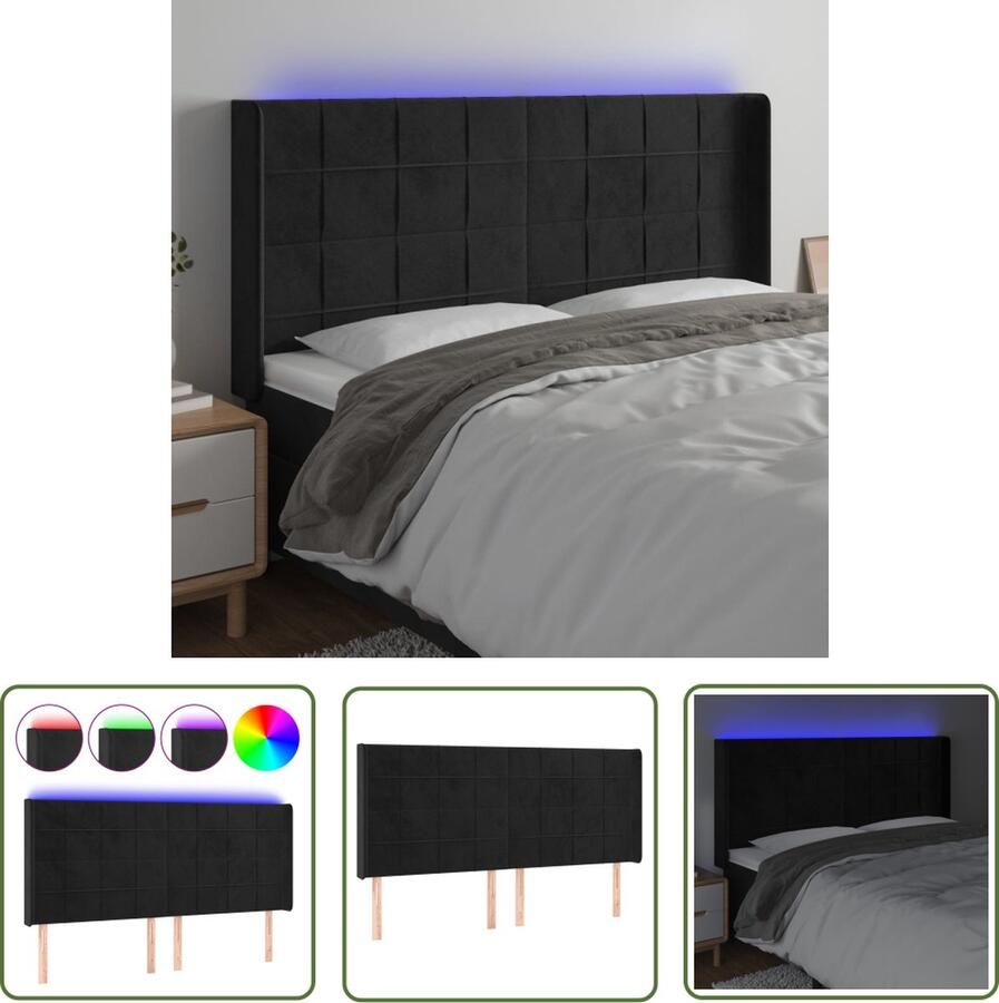 The Living Store Hoofdbord Verstelbaar Zacht fluweel Kleurrijke LED-verlichting Snijdbare LED-strip Zwart 163x16x118 128 cm Hoofd Bord Led Hoofdbord Velvet Hoofdbord Zwarte Hoofdbord Beddecoratie