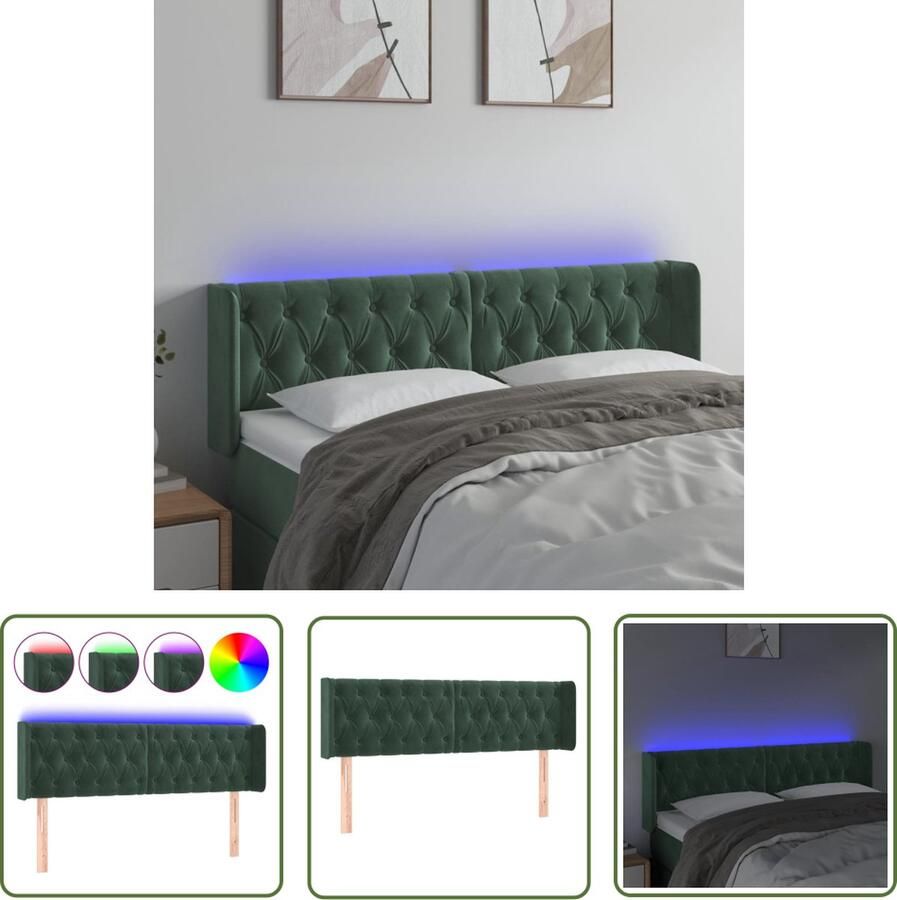 The Living Store Hoofdeinde Fluweel LED Verstelbaar Comfortabele ondersteuning Snijdbare LED-strip Donkergroen 163x16x78 88cm Hoofd Bord Led Hoofdbord Velvet Hoofdbord Comfortabel Hoofdbord Groen