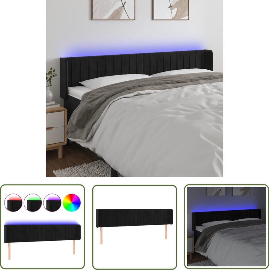 The Living Store Hoofdbord LED zwart 163x16x78 88 cm verstelbare hoogte zacht fluweel comfortabele ondersteuning kleurrijke LED-verlichting snijdbare LED-strip