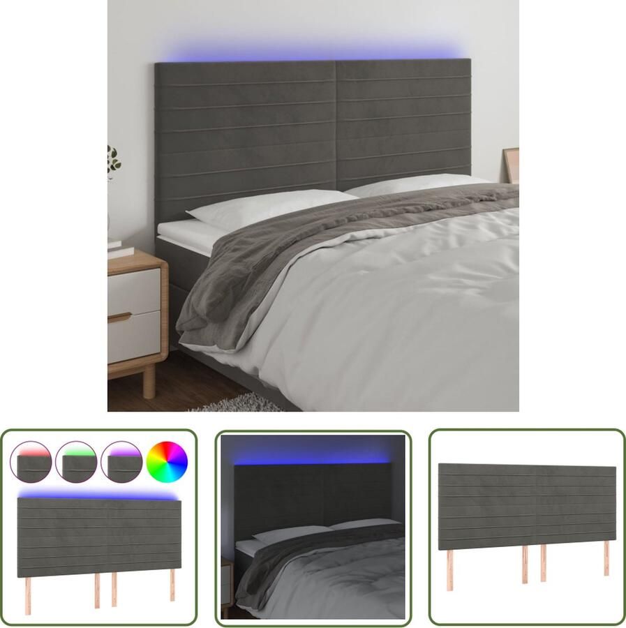 The Living Store Hoofdeind LED-hoofdbord Donkergrijs 180 x 5 x 118 128 cm Verstelbaar Fluweel Kleurrijke LED-verlichting Snijdbare LED-strip Hoofd Bord Led Hoofdbord Velvet Hoofdbord Grijs Hoofdbord Slaapkamersdecoratie