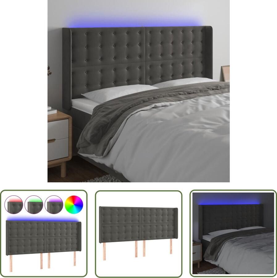 VidaXL Led Hoofdbord Hoofd Bord Hoofdbord LED 183x16x118 128 cm fluweel donkergrijs Hoofdbord Grijs Comfortabel Hoofdbord Velvet Hoofdbord