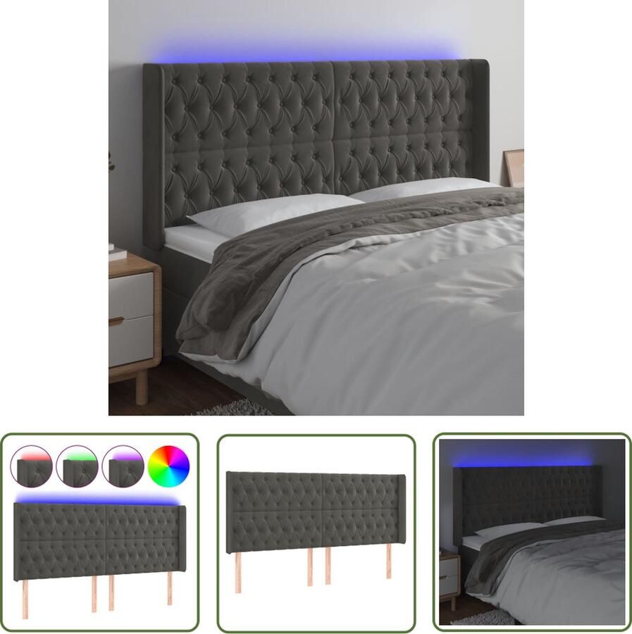 The Living Store Hoofdbord Fluweel LED-verlichting Verstelbare Hoogte Comfortabele Ondersteuning 183 x 16 x 118 128 cm Donkergrijs Hoofd Bord Led Hoofdbord Velvet Hoofdbord Grijs Hoofdbord Beddecoratie