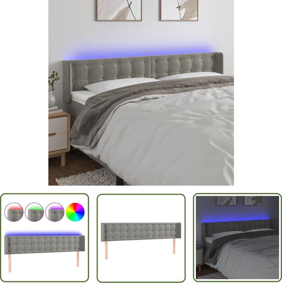 The Living Store Hoofdbord Light Grey LED Verstelbaar 183x16x78 88cm Zacht Fluweel Hoofd Bord Led Hoofdbord Grijs Velvet Hoofdbord Met Led Verlichting