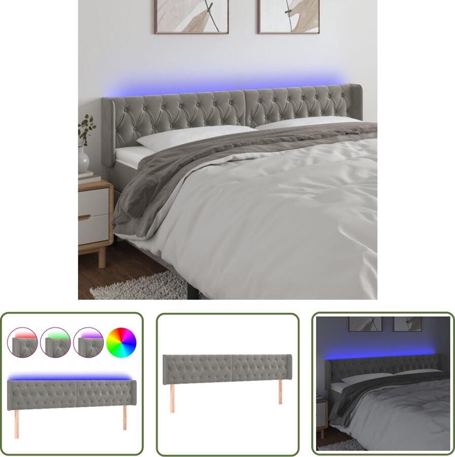 The Living Store Hoofdbord Stof Lichtgrijs 183x16x78 88cm Verstelbaar LED-strip USB Hoofd Bord Led Hoofdbord Grijs Hoofdbord Velvet Hoofdbord Met Verlichting