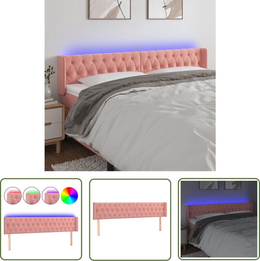 The Living Store Hoofdbord Pink Velvet Verstelbaar Comfortabele ondersteuning Snijdbare LED-strip Montagehandleiding USB-aansluiting 203x16x78 88cm IP65 1x Hoofdbord met randen 2 LED-strips