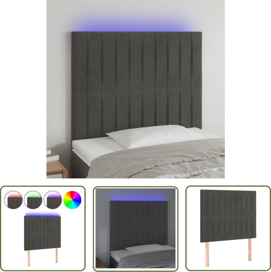 The Living Store Hoofdeinde LED-stof 80x5x118 128 cm donkergrijs verstelbaar comfortabele ondersteuning snijdbare LED-strip Hoofd Bord Led Hoofdbord Grijs Velvet Hoofdbord Met Lampjes
