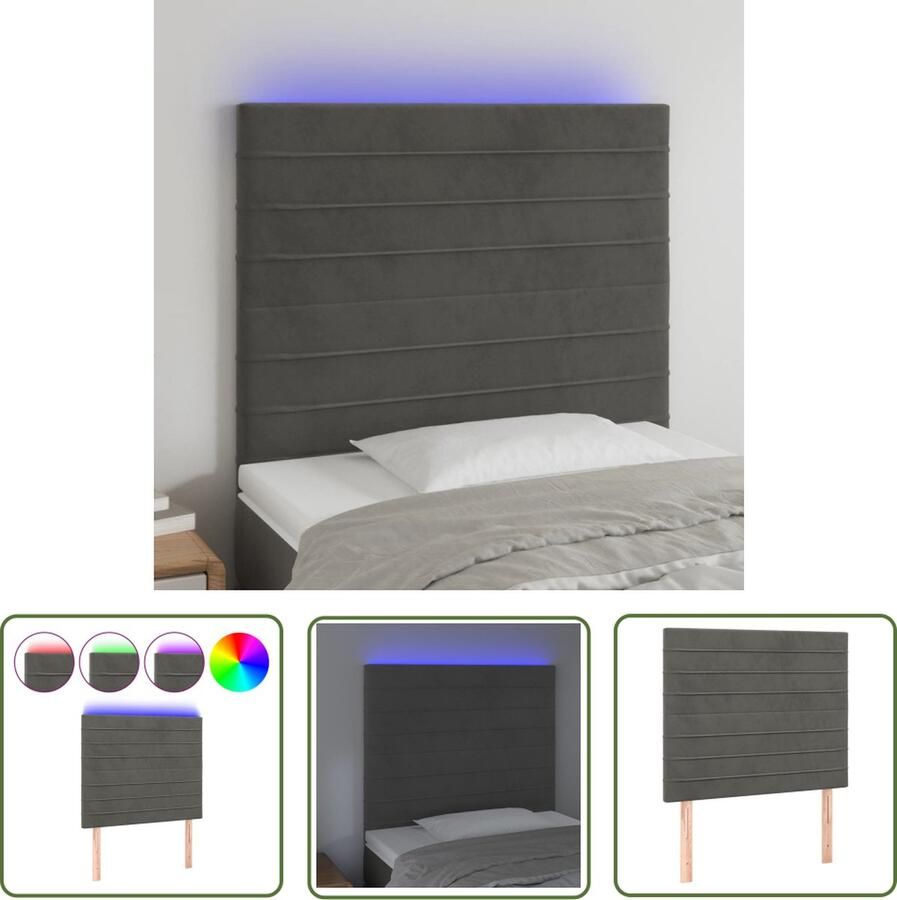 The Living Store Hoofdbord Hoofdeinde LED-strip 80x5x128 cm Donkergrijs Fluweel Hoofd Bord Led Hoofdbord Hoofdkussen Velvet Hoofdbord Grijs Hoofdbord