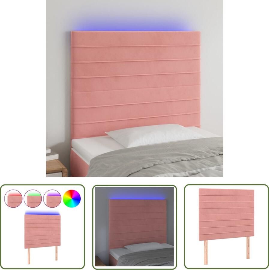 The Living Store Hoofdeind LED-strip Roze Stof Bewerkt hout Massief larikshout 80 x 5 x 118 128 cm Verstelbaar USB-aansluiting Hoofd Bord Led Hoofdbord Roze Hoofdbord Velvet Hoofdbord Met Verlichting