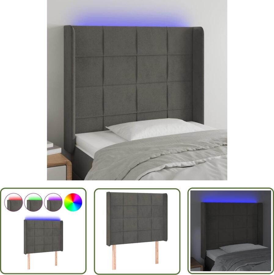 VidaXL Led Hoofdbord Hoofd Bord Hoofdbord LED 93x16x118 128 cm fluweel donkergrijs Hoofdbord Grijs Velvet Hoofdbord Beddecoratie