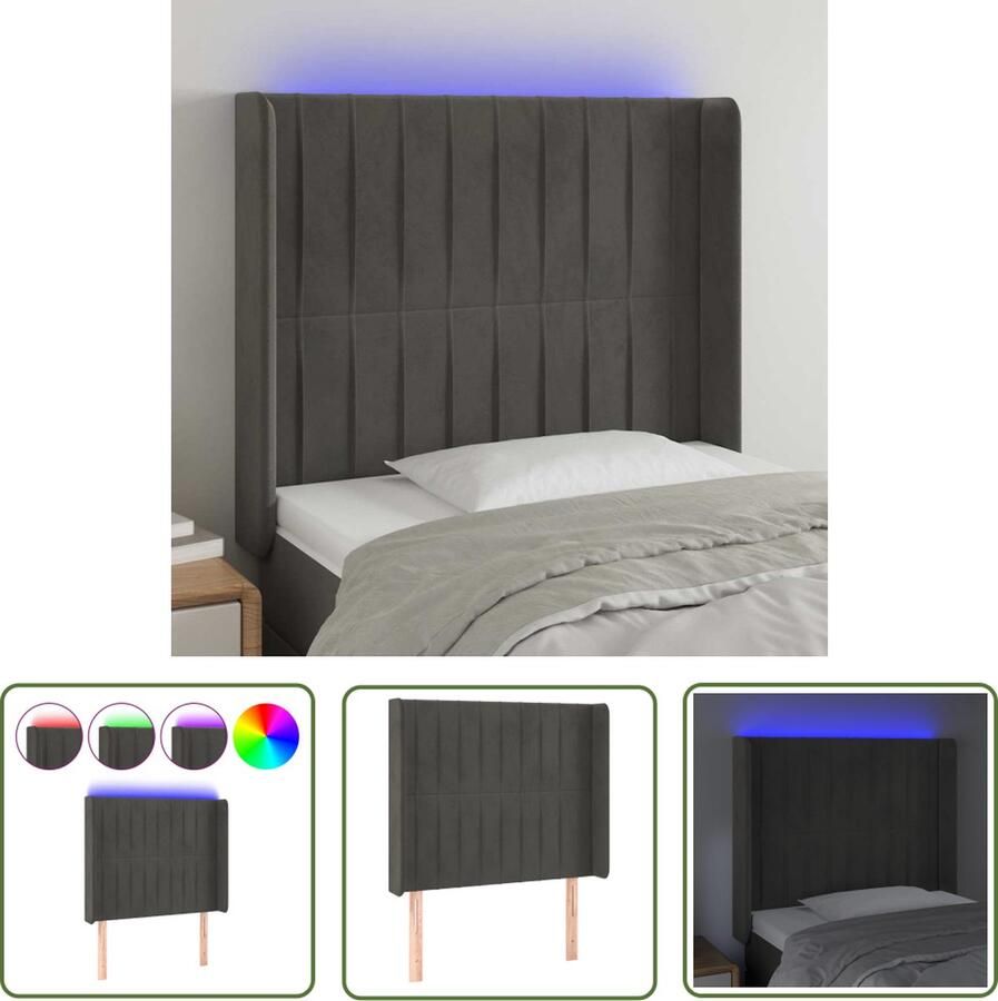 The Living Store Hoofdbord Donkergrijs Fluweel 93x16x118 128 cm Verstelbaar LED-strip 55 cm USB Hoofd Bord Led Hoofdbord Grijs Velvet Hoofdbord Met Led