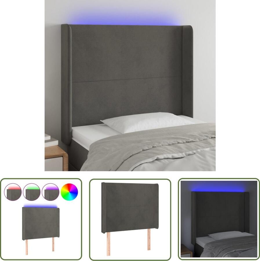 The Living Store Hoofdbord Donkergrijs 93x16x118 128 cm Verstelbare Hoogte Zacht Fluweel Kleurrijke LED-verlichting Inclusief Montagehandleiding en LED-strip