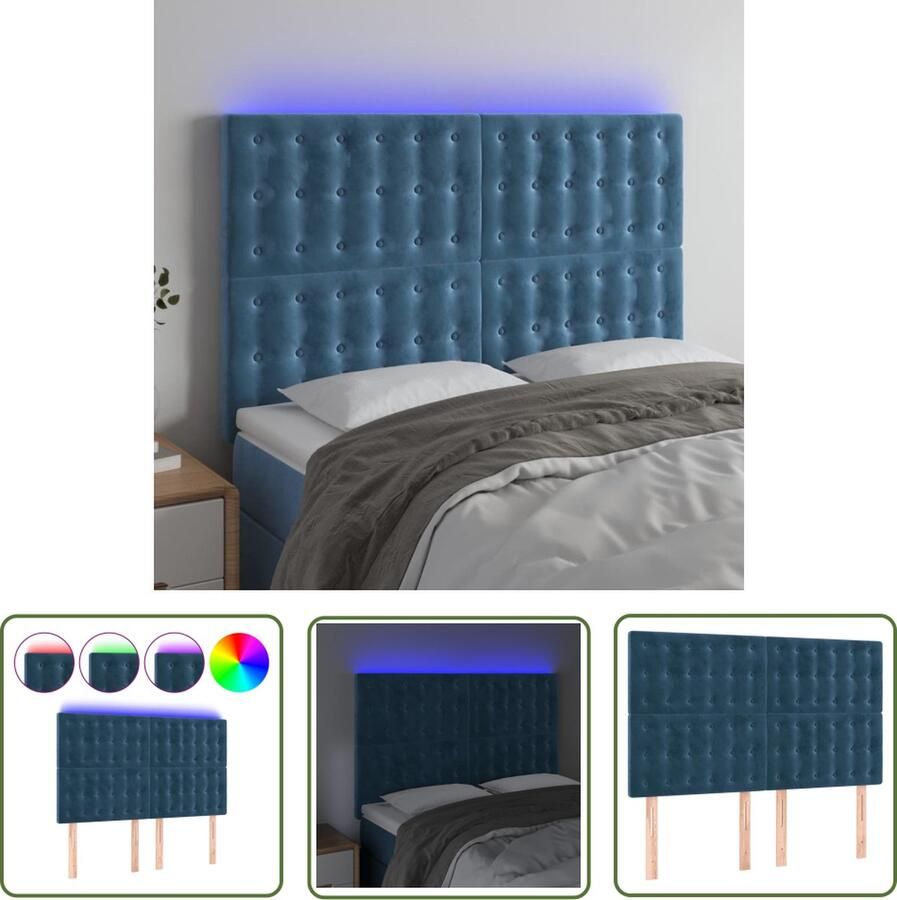 The Living Store Hoofdeinde Donkerblauw Stof 144 x 5 x 118 128 cm LED-verlichting Verstelbaar Hoofdboard Led Hoofdbord Velvet Hoofdbord Blauw Hoofdbord Beddecoratie