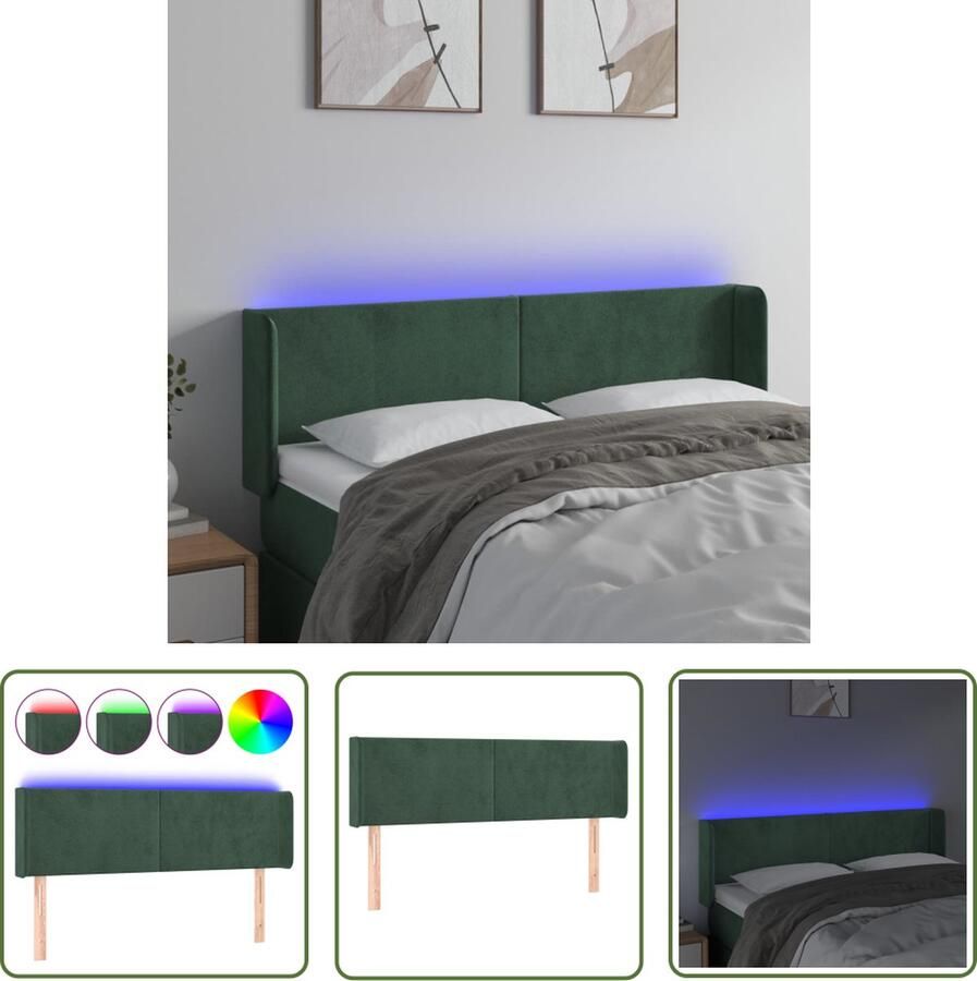 The Living Store Hoofdbord LED-Fluwelen stof Verstelbare hoogte Comfortabele ondersteuning Snijdbare LED-strip Donkergroen 147 x 16 x 78 88 cm IP65 1 x hoofdbord met randen 2 LED-strips