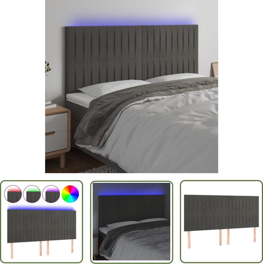 The Living Store Hoofdeind Classic LED Donkergrijs 180x5x118 128cm Verstelbaar Hoofdboard Led Hoofdbord Grijs Beddecoratie Velvet Hoofdbord