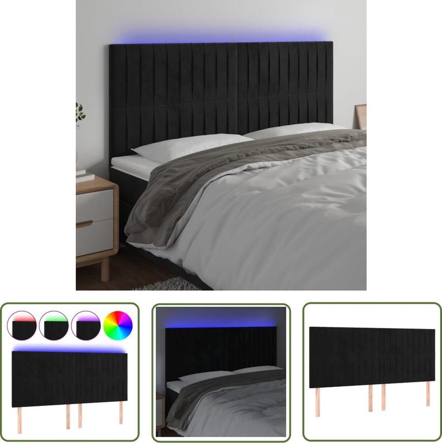 The Living Store Hoofdeinde Zacht Fluweel Verstelbare Hoogte Kleurrijke LED-Verlichting Snijdbare LED-strip Zwart 200x5x118 128 cm Hoofdboard Led Hoofdbord Velvet Hoofdbord Zwarte Hoofdbord Met Verlichting