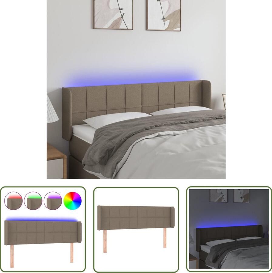 The Living Store Hoofdbord Klassiek LED-hoofdbord Bedmeubilair 147 x 16 x 78 88 cm Kleur- Taupe Materiaal- Stof bewerkt hout massief larikshout Ken- LED-verlichting - Foto 2
