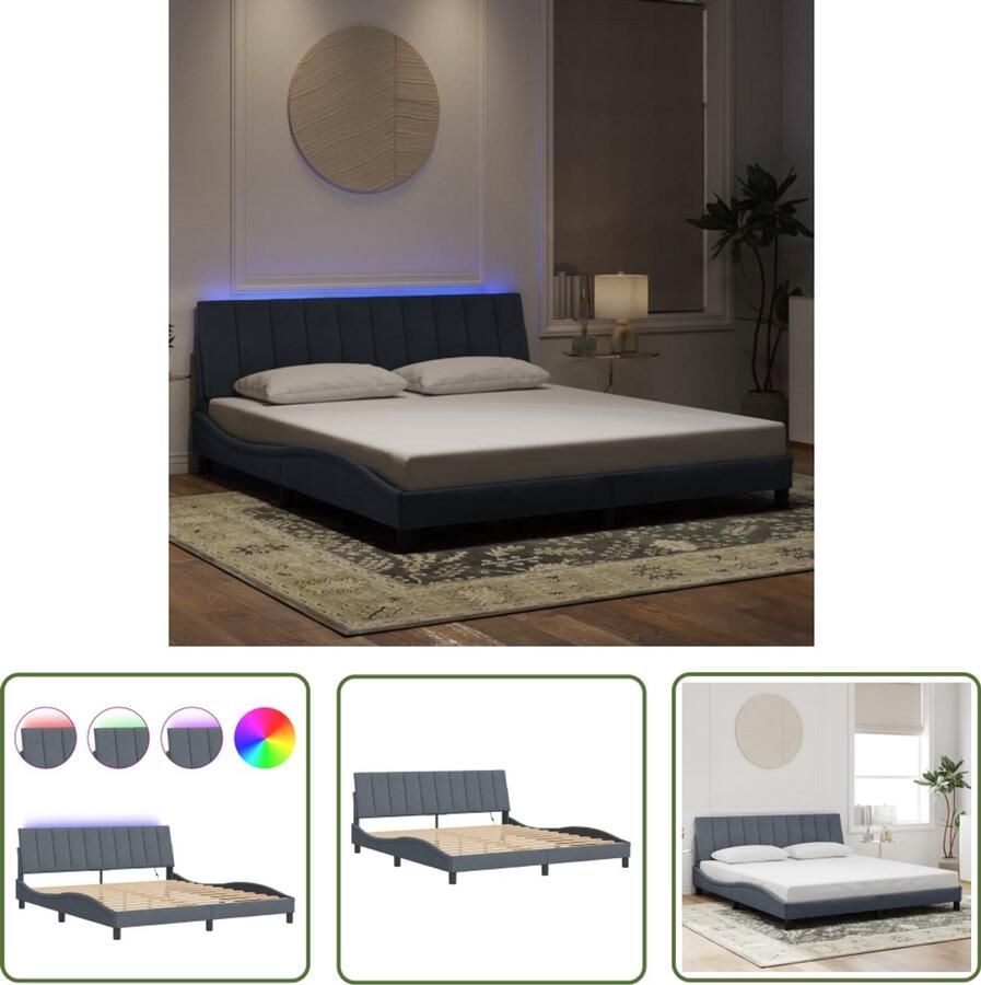 VidaXL Led Lamp Bed Frame Bedframe met LED zonder matras Hanko fluweel donkergrijs 180x200 cm Fluweel Bed Donkere Kleuren Tweepersoons Bed