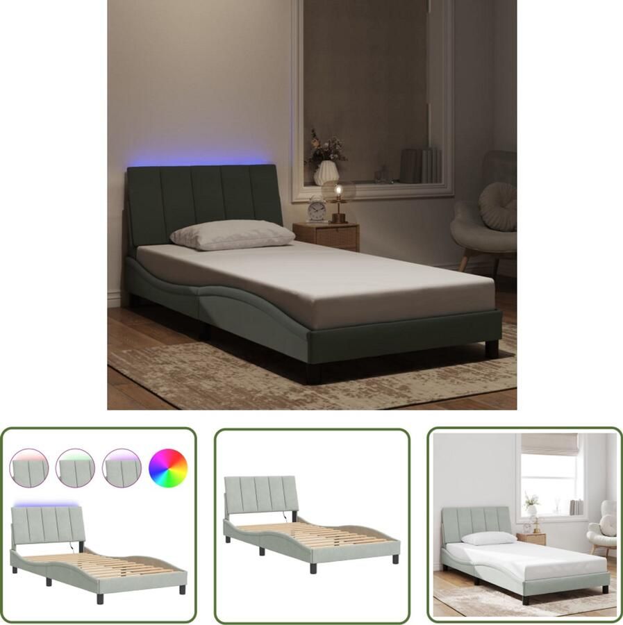 VidaXL Led Lamp Bed Frame Bedframe met LED zonder matras Hanko fluweel lichtgrijs 100x200 cm Fluweel Bed Tweepersoons Bed Slaapcomfort