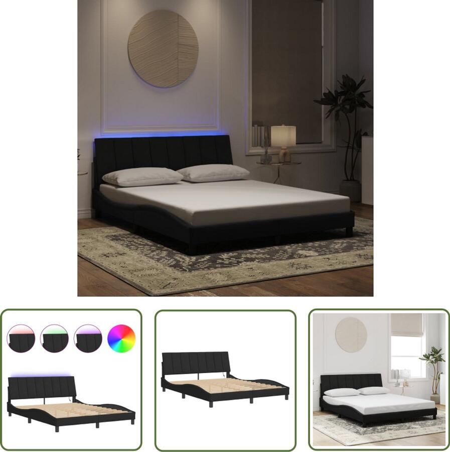 VidaXL Led Lamp Bed Frame Bedframe met LED zonder matras Hanko fluweel zwart 160x200 cm Fluweel Bed Zwarte Bedbank Tweepersoons Bed