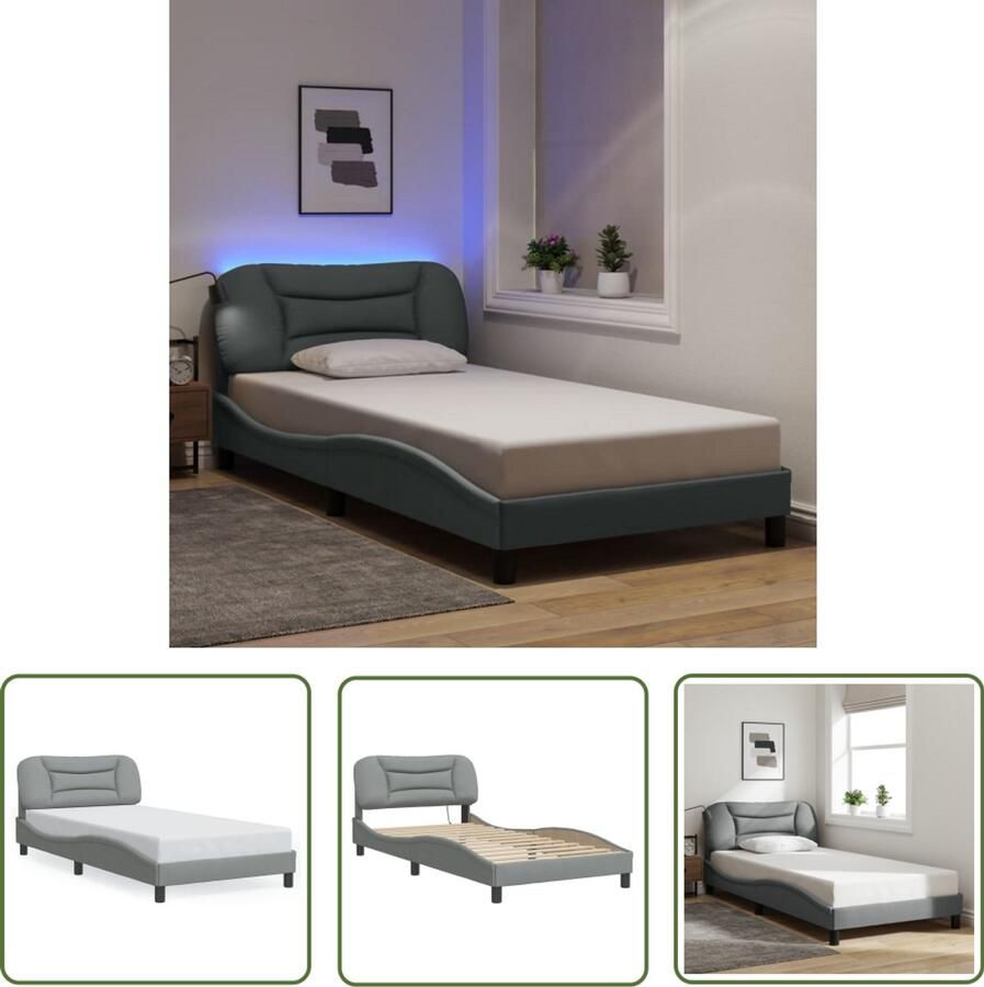 VidaXL Led Lamp Bed Frame Bedframe met LED zonder matras Hvar stof 100x200 cm lichtgrijs Slaap Kamer Hoofdbord Grijs Bed