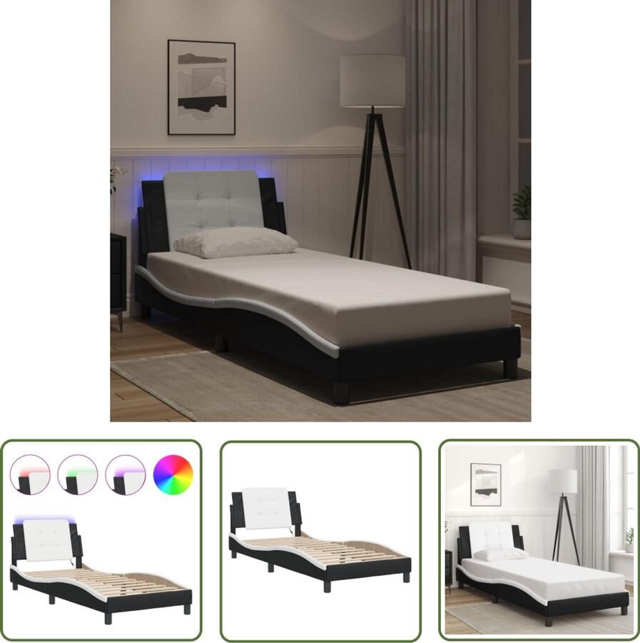 VidaXL Led Lamp Bed Frame Bedframe met LED zonder matras Zadar kunstleer zwart en wit 100x200 cm Kunstleder Bed Tweepersoons Bed Slaapcomfort