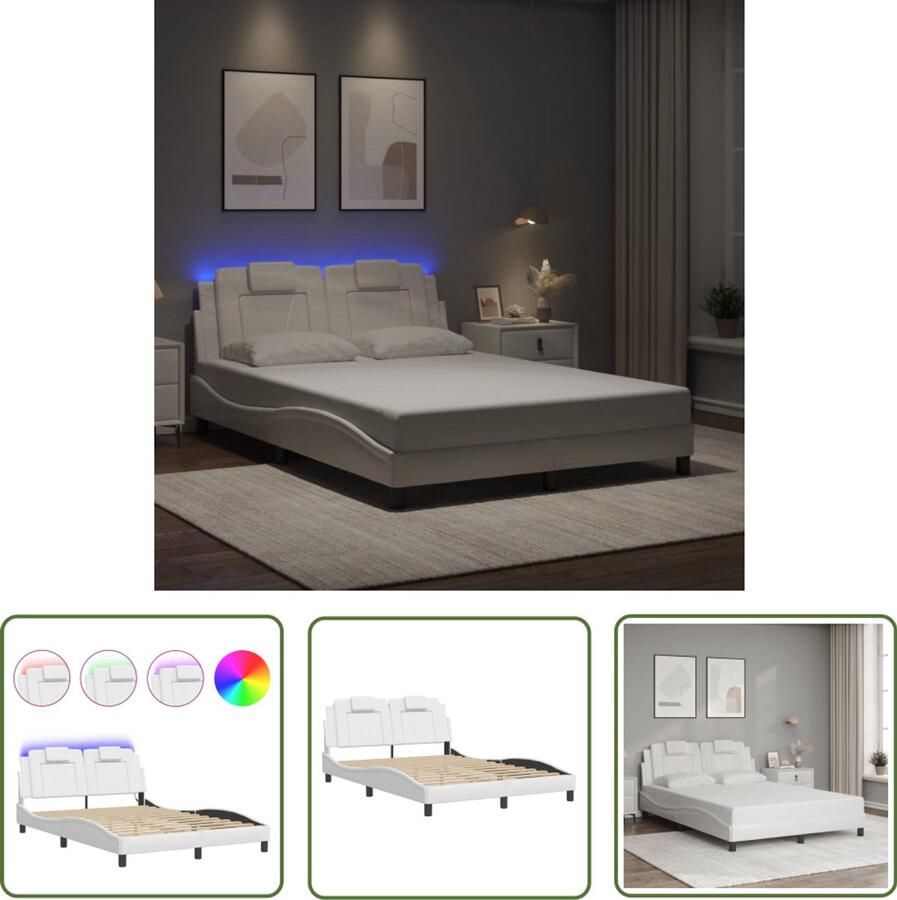 VidaXL Led Lamp Bed Frame Bedframe Viana met LED zonder matras kunstleer wit 140x200 cm Kunstleder Bed Tweepersoons Bed Slaapcomfort