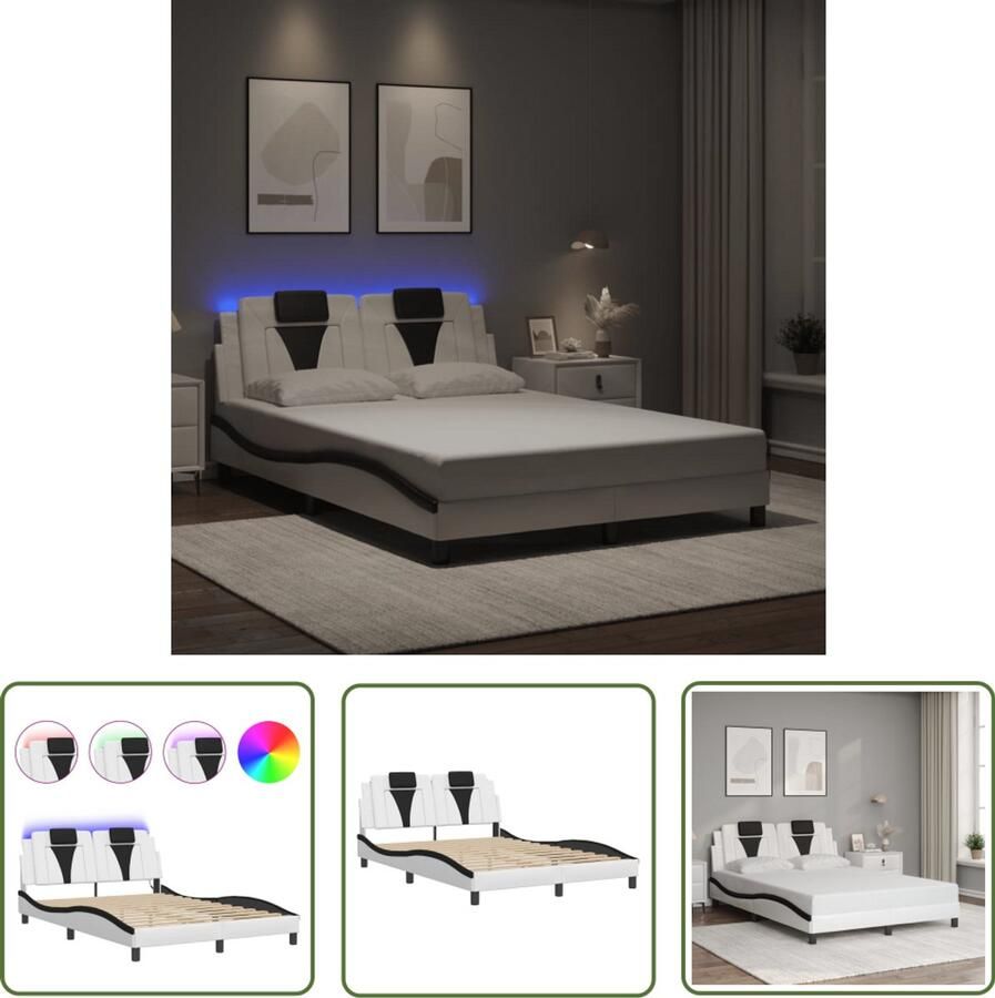 VidaXL Led Lamp Bed Frame Bedframe Viana met LED zonder matras kunstleer wit en zwart 140x200 cm Kunstleder Bed Tweepersoons Bed Slaapcomfort