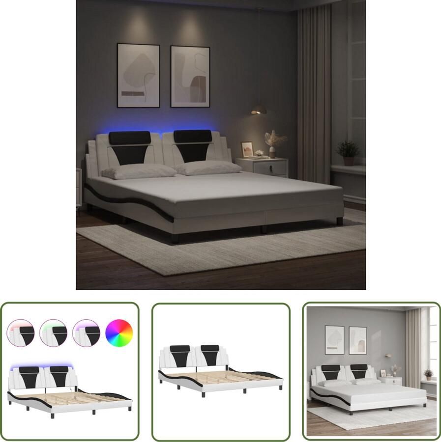 VidaXL Led Lamp Bed Frame Bedframe Viana met LED zonder matras kunstleer wit en zwart 180x200 cm Kunstleder Bed Tweepersoons Bed Slaapcomfort