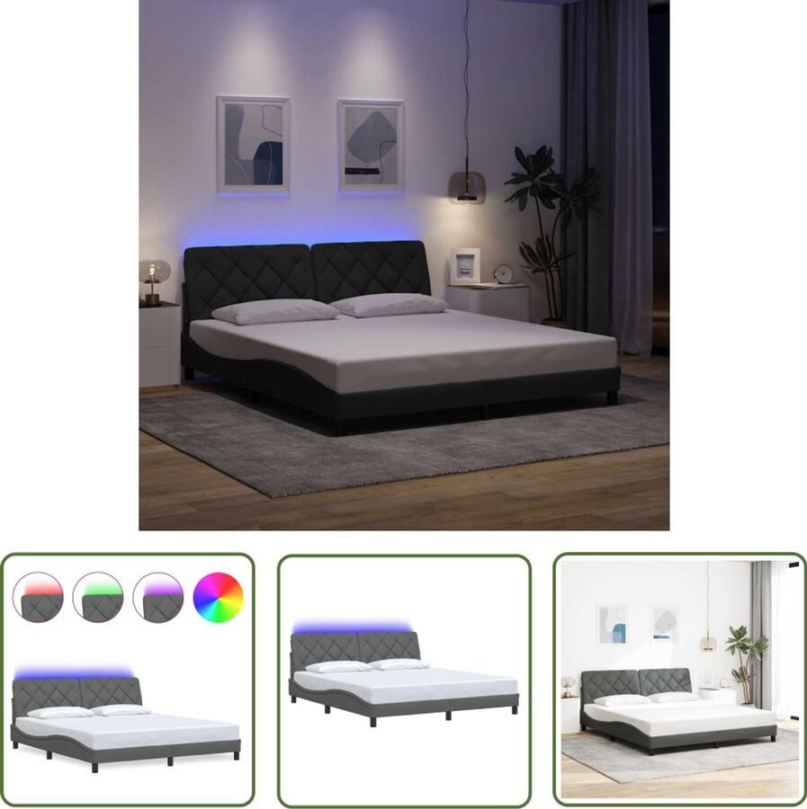 VidaXL Bedframe met LED zonder matras 180x200 cm stof donkergrijs Bedframe Led Lamp Slaapkamers Slaapcomfort Hoofdbord